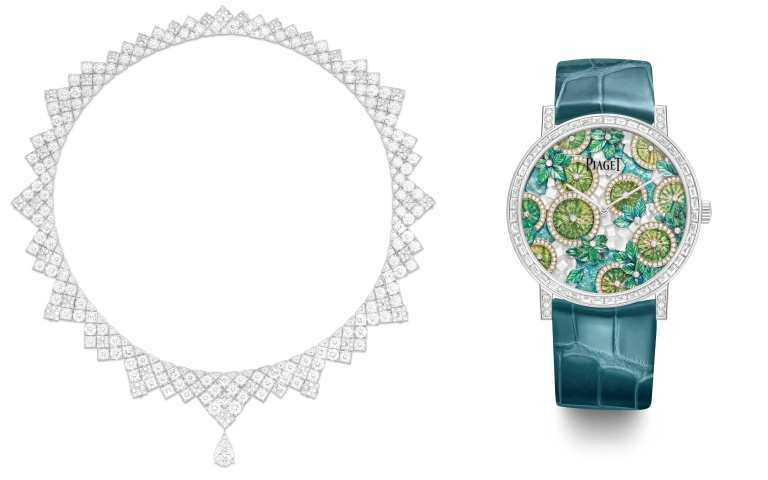 (左)PIAGET SOLSTICE 頂級珠寶暨腕錶系列Shimmering Savor 18K白金鑽石可轉換式項鍊。(右)PIAGET SOLSTICE 頂級珠寶暨腕錶系列Joyful Sharing 18K白金超薄工藝珠寶腕錶，430P機芯 (全球限量18只) （圖／品牌提供）