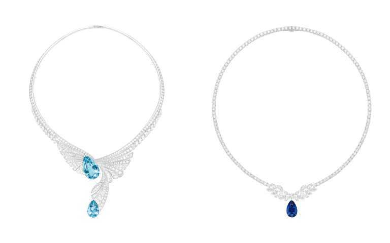 (左)PIAGET SOLSTICE 頂級珠寶暨腕錶系列Exalting Dance 18K白金海水藍寶石鑽石項鍊。(右)Treasures系列18K白金藍寶石鑽石項鍊建議售價10,900,000元。 （圖／品牌提供）