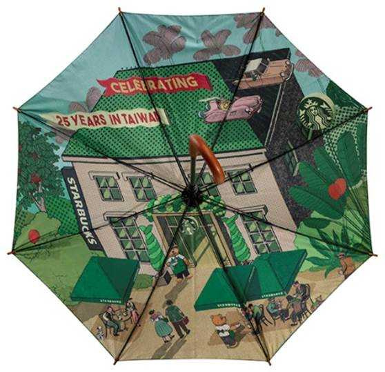 「25週年紀念直傘」的傘面內裡，則運用星巴克25週年的主視覺。