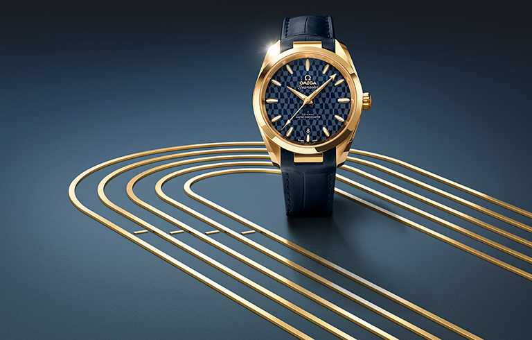 OMEGA「Seamaster海馬」系列，Aqua Terra 150米「東京2020」腕錶，38mm，18K黃金錶殼，8901型同軸擒縱大師天文台機芯╱581,000元。（圖╱OMEGA提供）