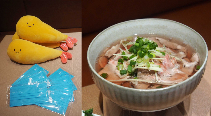 「微笑計畫」獎品微笑口罩、微笑炸蝦抱枕（左），新品「鮮沖牛肉湯」則是「療癒天菜選拔賽」其中一道菜色。  