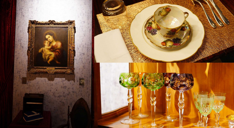 客人使用的餐具（右上）、骨董櫥櫃內擺設的手工水晶杯（右下）皆頗有年分，餐廳年代最久遠的藝術品則是來自17世紀西班牙畫家繪製的《母與子》。