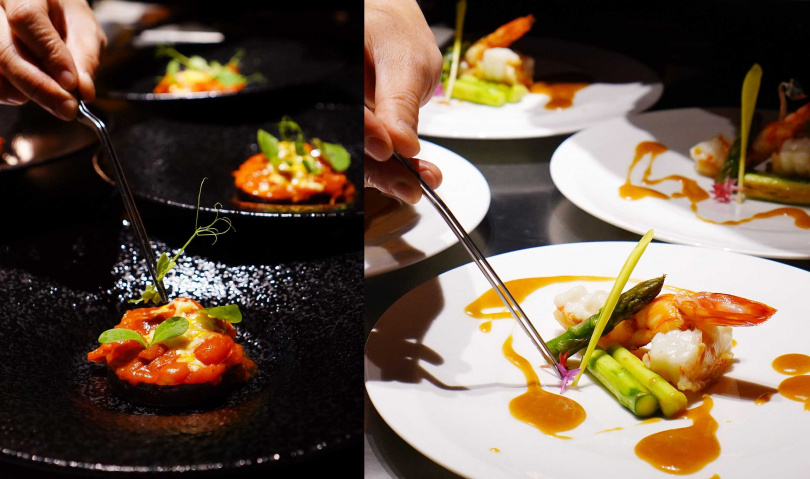 以口感紮實的日本圓茄製作的「焗烤圓茄」（左），右為以百里香香草油簡單提味的「澎湖大明蝦」，新鮮且肉質飽滿。