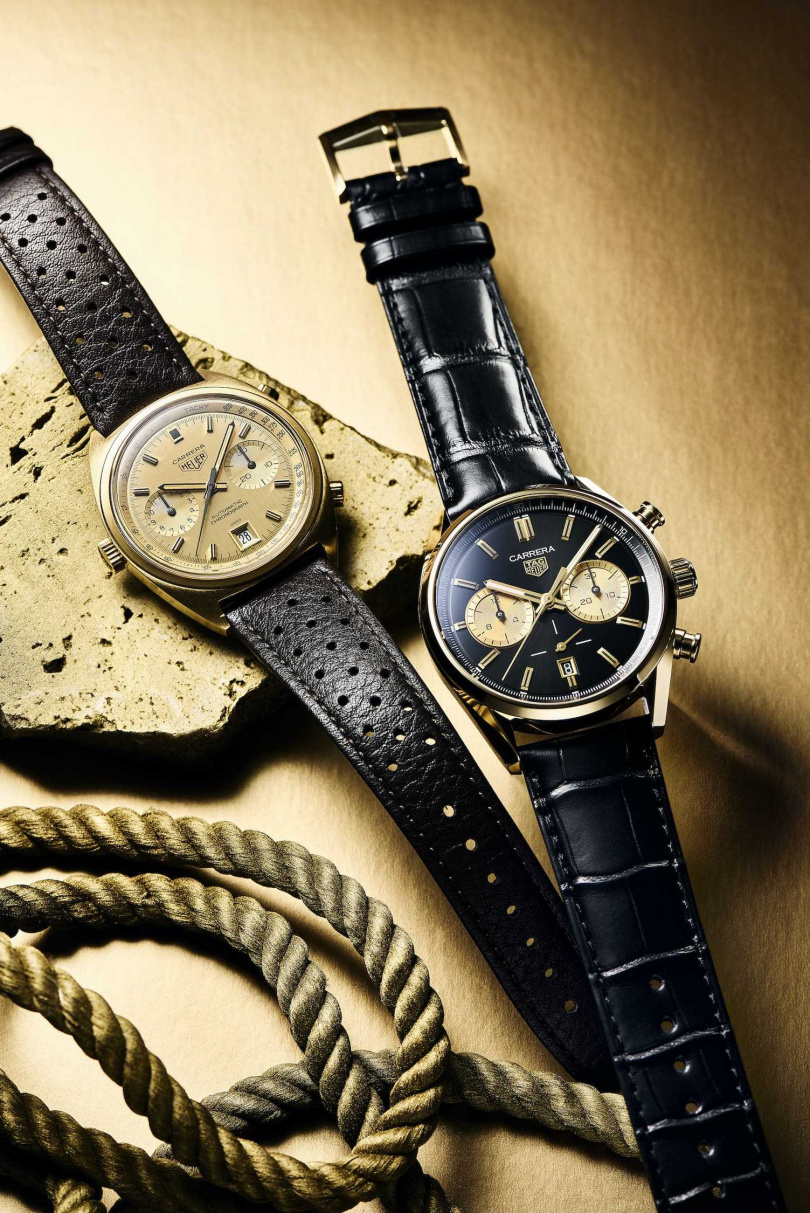 骨董錶Heuer Carrera黃金自動計時腕錶（左）、TAG Heuer Carrera黑金計時腕錶／建議售價706,700元（右）（圖／品牌提供）