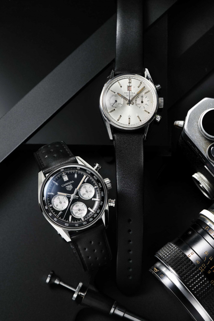 TAG Heuer Carrera Glassbox 拱形計時腕錶-黑銀面／建議售價212,000元（左）、古董錶Heuer Carrera Dato 45計時腕錶（右）（圖／品牌提供）