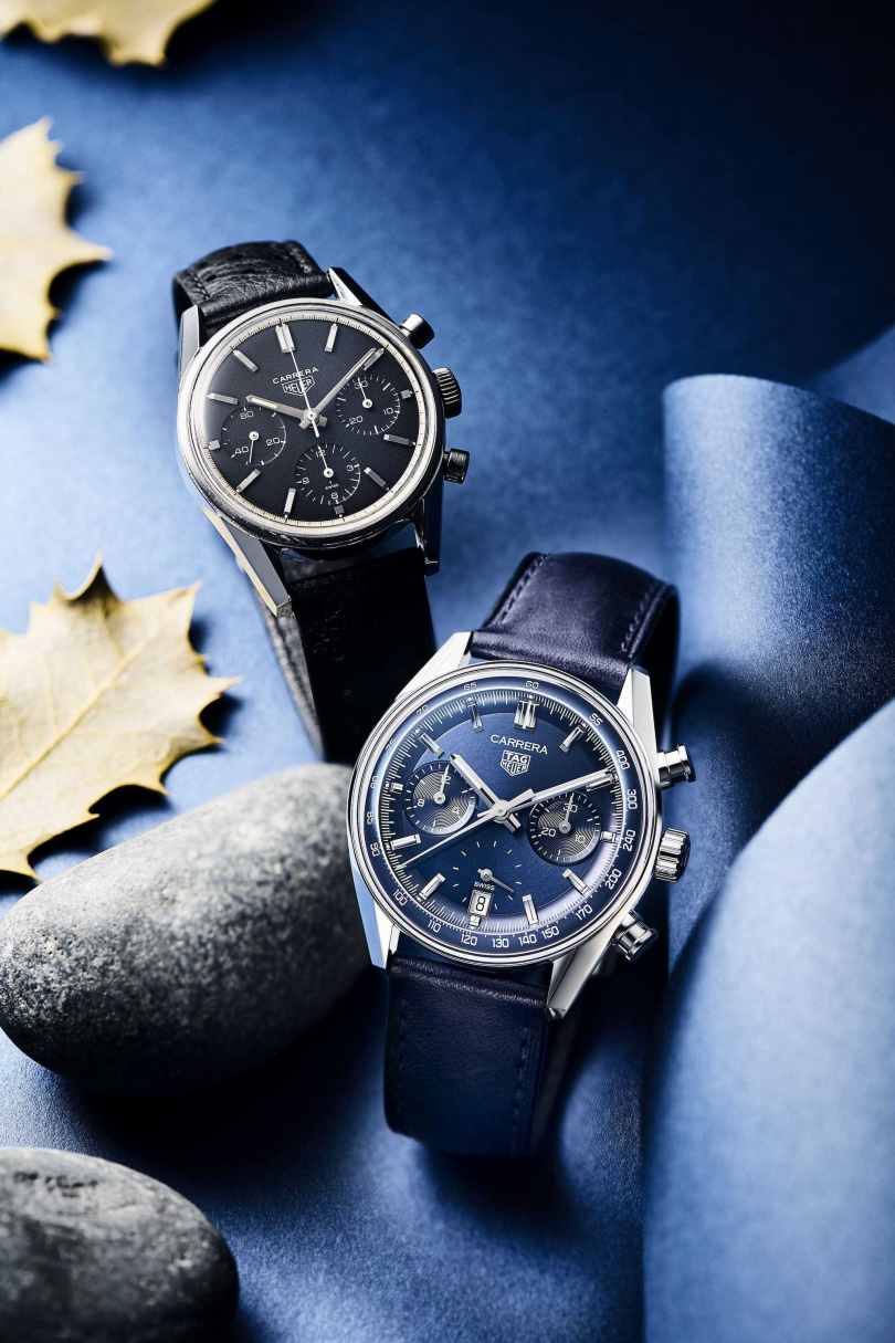 古董錶Heuer Carrera黑面計時腕錶（左）、TAG Heuer Carrera Glassbox 拱形計時腕錶－藍面／建議售價212,000元（圖／品牌提供）