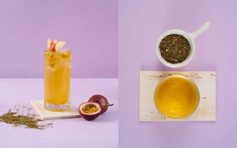  「琥珀黃寶石」是一款爽口茶飲，加入百香果蘋果增加水果香氣，毫不甜膩。