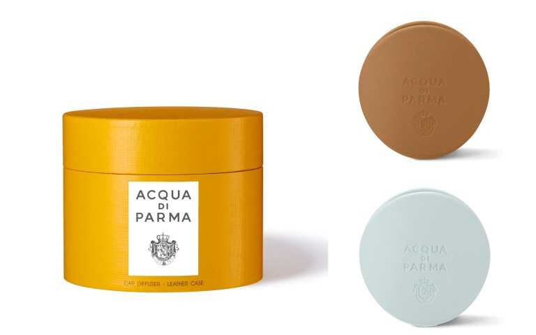 Acqua di Parma 車用擴香珍稀皮革款，Acqua di Parma車用擴香香氛膠囊/1,900元；Acqua di Parma車用擴香皮套－焦糖棕、雲霧藍/7,200元（*全台專櫃均售，1/8上市）。（圖／品牌提供）  