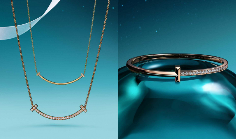 Tiffany T Smile 玫瑰K金鑲鑽墜鍊(中型款)、Tiffany T Smile 玫瑰K金全鋪鑽墜鍊(中型款)、Tiffany T1 玫瑰K金窄版鑲鑽手環(圖/品牌提供)