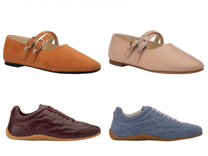 LONGCHAMP LE FOULONNÉ 芭蕾舞鞋(奶油色)、(琥珀色)／14,500元，ON THE GO 球鞋(勃根地色) (石板藍色)／15,800元（圖／品牌提供）