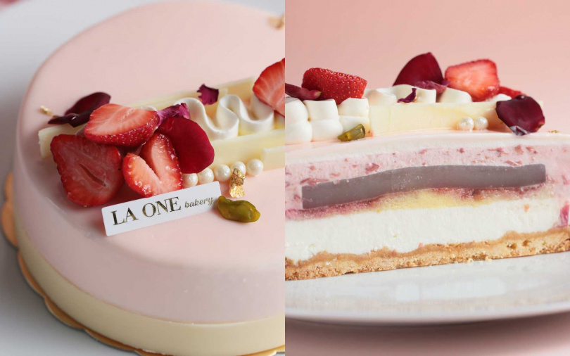 LA ONE玫瑰荔枝雙層乳酪慕斯蛋糕不追求華麗裝飾，以小農玫瑰呈現在地風土。（圖／品牌提供）