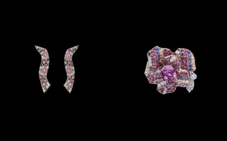 (左)白 K 金、鑽石、祖母綠、粉紅藍寶石、藍寶石、紅寶石製成。 DIOR PRINT 花紋多彩寶石耳環 參考價格 NTD3,900,000。(右)由玫瑰金、白 K 金、鑽石、藍寶石、粉紅藍寶石、紫水晶、粉色彩漆組成，4.7 克拉枕形切割馬達加斯加粉紅藍寶石。DIOR PRINT 粉紅藍寶石玫瑰戒指 參考價格 NTD13,500,000（圖／品牌提供）