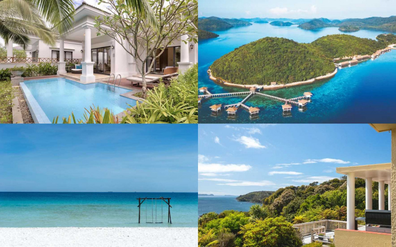 （左上）越南富國島珍珠探索仙境度假飯店、（左下）馬來西亞塔拉斯海灘Spa度假酒店、（右上）菲律賓陽光生態旅遊島度假村、（右下）紐西蘭斯圖爾特島山邊小屋。