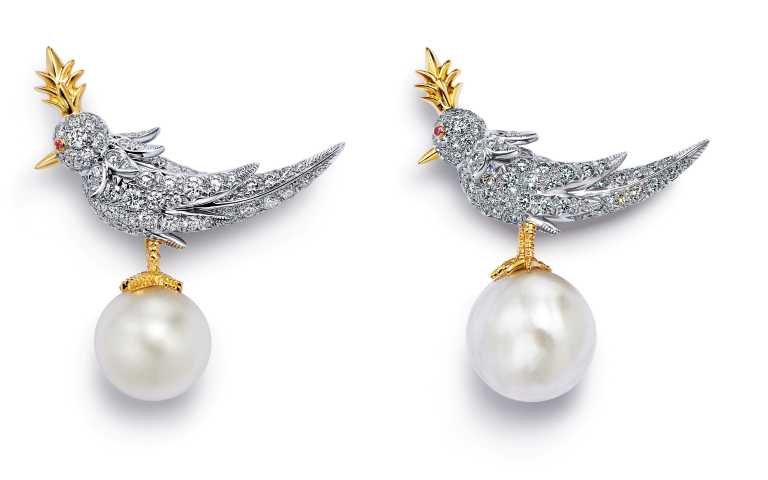 Tiffany & Co. Schlumberger石上鳥珍珠系列，絕美稀有鑲嵌白色珍珠、鉑金與18K金的鑽石胸針。（圖／品牌提供）