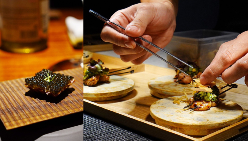 「小羊胸腺／青龍椒／花椰菜」運用法式料理較常用的紐西蘭小羊胸線與煙燻蛋黃醬，左為「帝王蟹／酸奶油／塔殼」。