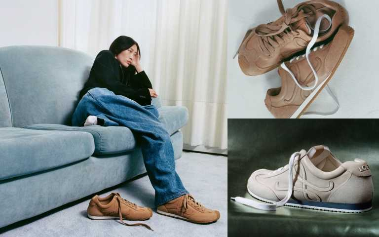 LOEWE Ballet Runner Ballet Runner 2.0肉桂色柔軟小牛皮運動鞋/32,000元;卡其色尼龍和小牛皮運動鞋/26,000元(圖/品牌提供)