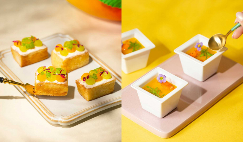 「奶油南瓜布里歐芒果蜜瓜磚」(左)、「鮮蝦芒果莎莎雞尾酒盅」。(圖/台北遠東香格里拉提供)