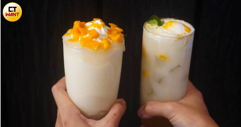 金田屋大福飲系列推出新口味「芒果牛奶大福飲」(左),右為沁涼暢快的「芒果漂浮氣泡飲」。(各150元,圖/魏妤靜攝)