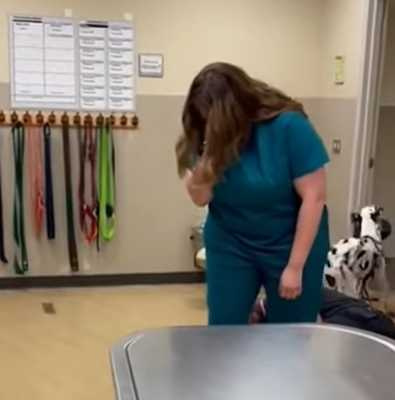 狗狗看到巨大針筒嚇歪。（圖／翻攝自臉書）