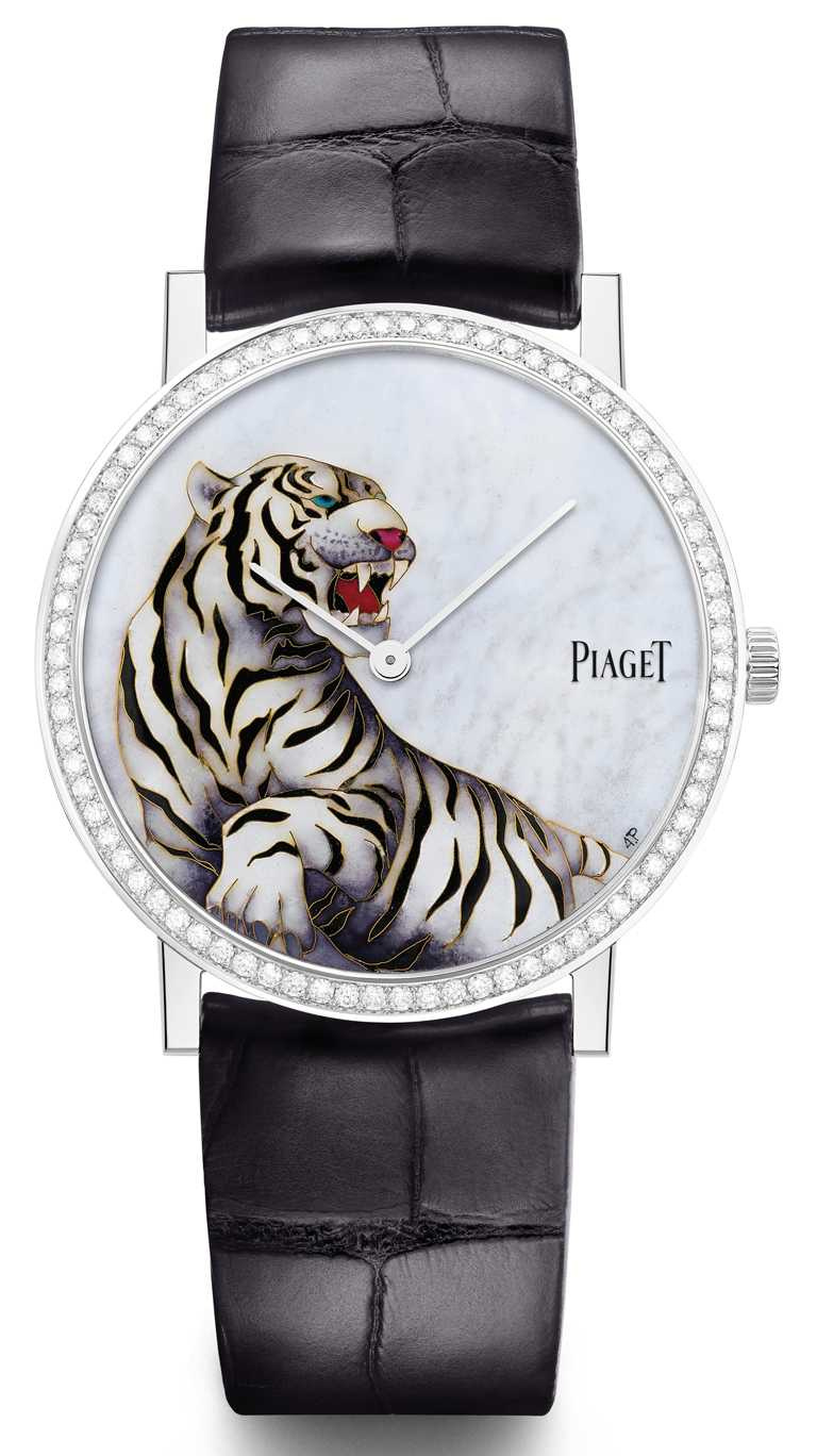PIAGET「Altiplano」系列，虎年生肖掐絲琺瑯工藝錶盤超薄手動上鍊腕錶，38mm，18K白金錶殼，伯爵製430超薄手動上鍊機芯，鑽石78顆，限量38只╱2,120,000元。（圖╱PIAGET提供）
