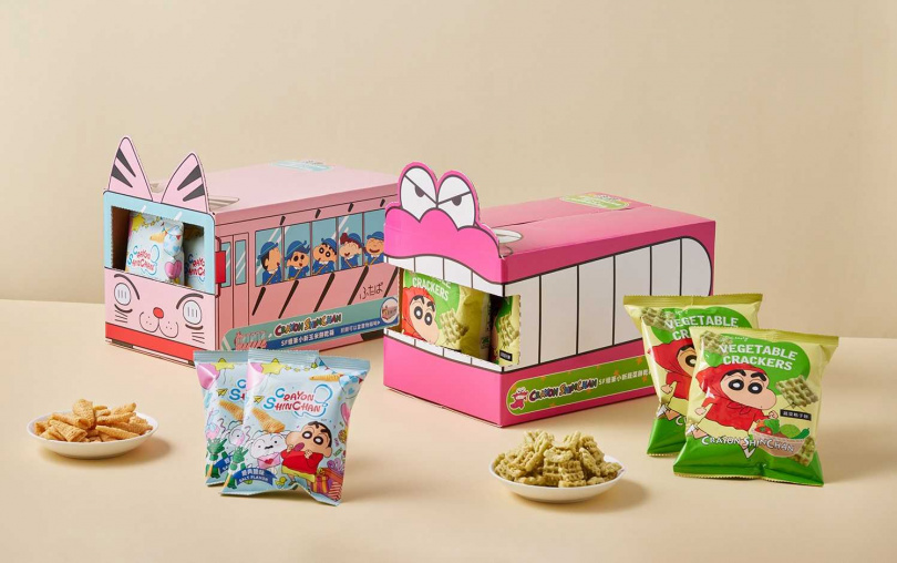   蠟筆小新派對箱一共推出「娃娃車玉米餅派對箱 16包入」及「鱷魚山先生蔬菜格子餅派對箱 10包入」這兩款。（圖／SUNFRIEND MOUTH提供）