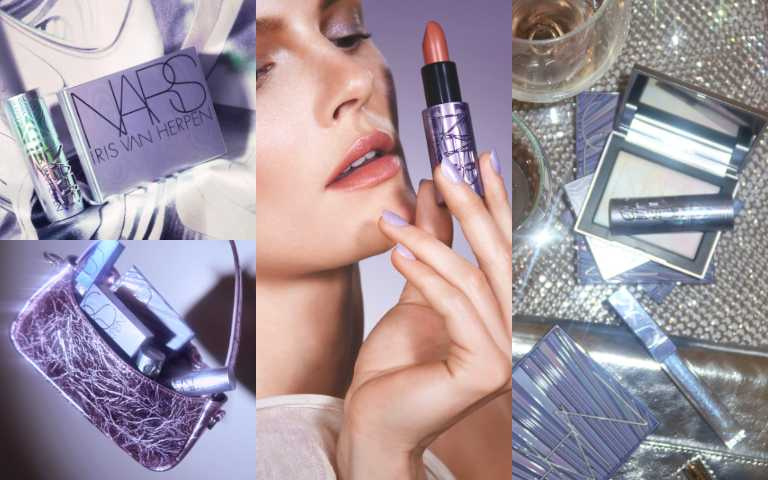 NARS奢慾緞光唇膏 #BLAME 3.8g／1,450元、裸光幻彩蜜粉餅 #MOONWAVE 10g／1,600元、裸光凝亮水精華氣墊粉盒／600元（圖／品牌提供）