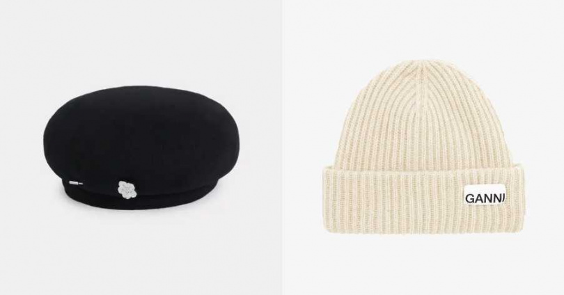 KENZO 銀飾海棠黑色貝雷帽；GANNI 羅紋針織毛帽（圖／品牌提供）
