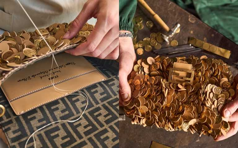 用750多個皮革和黃銅亮片打造出雙色效果的FENDI Baguette（圖／品牌提供）。