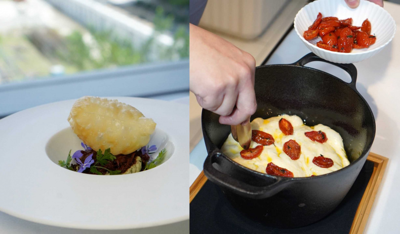 晚間套餐開胃小品「義大利烤餅／燉肉醬／酸奶」（左）、午晚間套餐都會提供加入風乾番茄的現做佛卡夏麵包。（圖／魏妤靜攝）