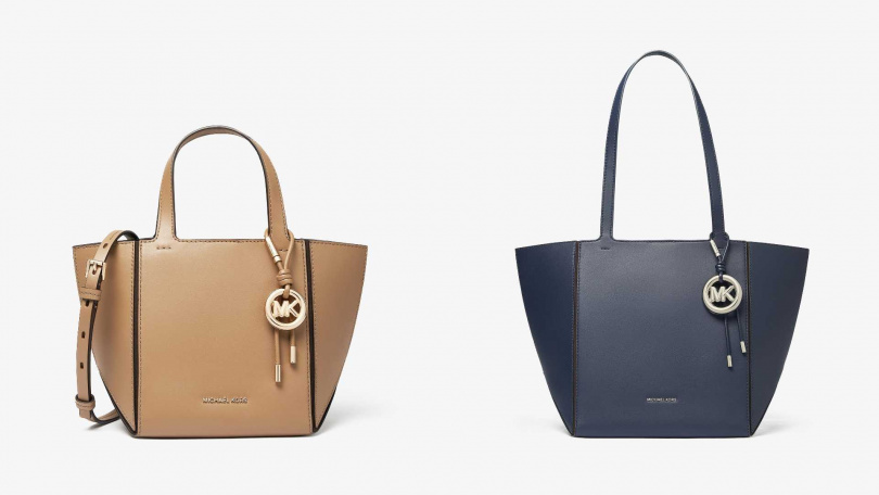 MICHAEL KORS JORDI栗棕色小型肩背提包／11,300元，JORDI藍色托特包／16,300元（圖／品牌提供）