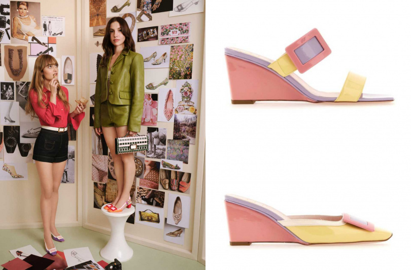 Belle Vivier 糖果色漆皮方扣楔形涼鞋／39900元，Belle Vivier糖果色漆皮方扣楔型高跟鞋／37600元（圖／品牌提供）