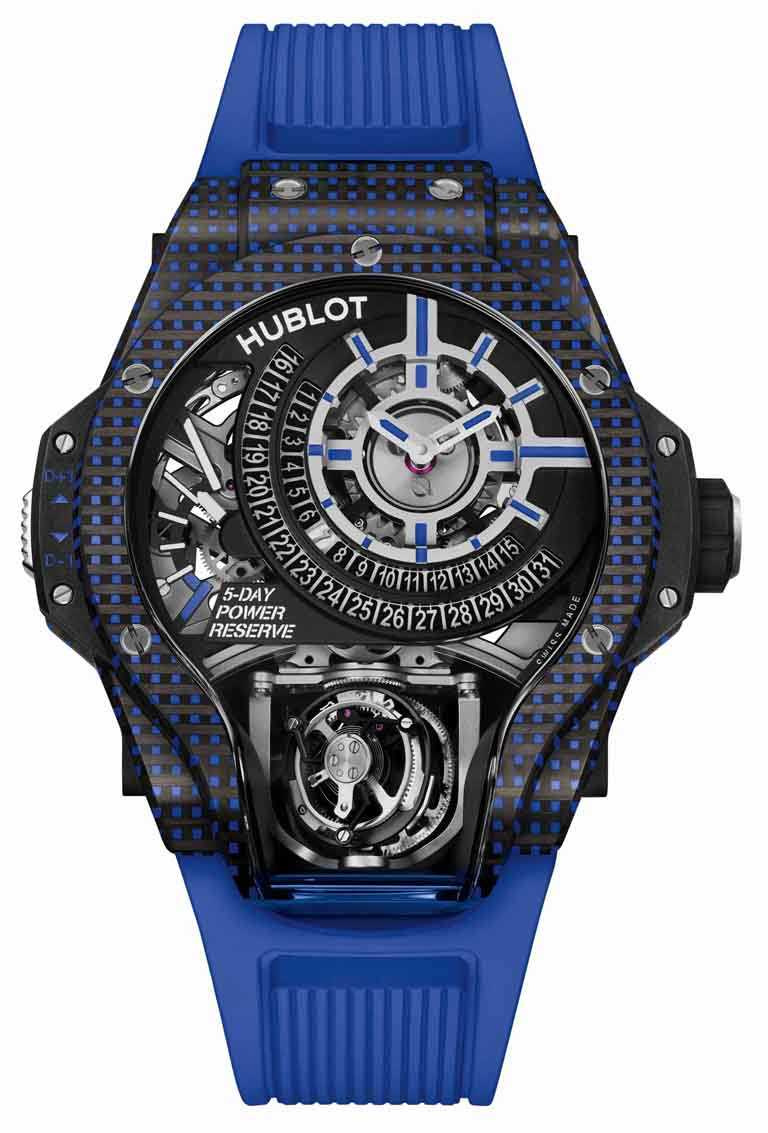 HUBLOT「MP-09」雙軸陀飛輪3D彩色碳纖維腕錶，49mm，藍色碳纖維錶殼，限量8只╱6,213,000元。（圖╱HUBLOT提供）