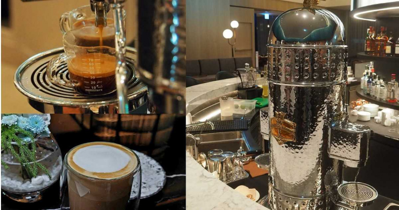 「BL.T33」有台灣少見的復刻版百年經典咖啡機「維納斯」（右），客人可以品嘗從中萃取的espresso與製作的拿鐵。（圖／魏妤靜攝）
