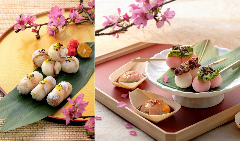 期間限定春季料理「鯛昆布締結」、「鯛棒壽司」（左）與甜點「花見烤麻糬」、「櫻花水信玄餅」。