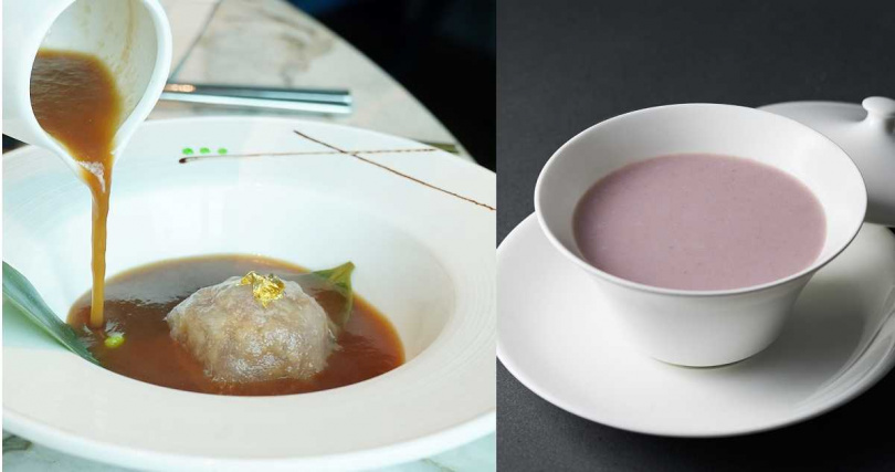採位上出餐的「龍皇花膠魚翅水晶粿」（僅供應於主廚個人套餐）、每日限量供應的「芋香燉鮮奶」。（320元，圖／魏妤靜攝、捌伍添第提供）