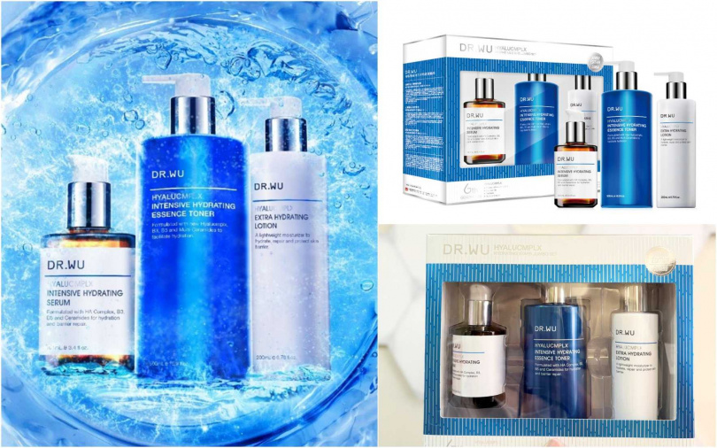 DR.WU的玻尿酸保濕三大明星重量組，裏頭有玻尿酸保濕精華化妝水500ml+玻尿酸保濕精華液101ml+玻尿酸保濕精華乳200ml，三大人氣經典品項一次入手。（圖／吳雅鈴攝、品牌提供）