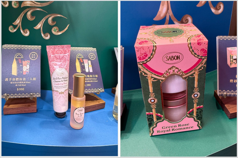 （左）SABON潔膚保濕玫瑰旅行組1,280元。（右）SABON綠玫瑰磨砂保養禮盒 1,880元。（圖／黃筱婷攝）