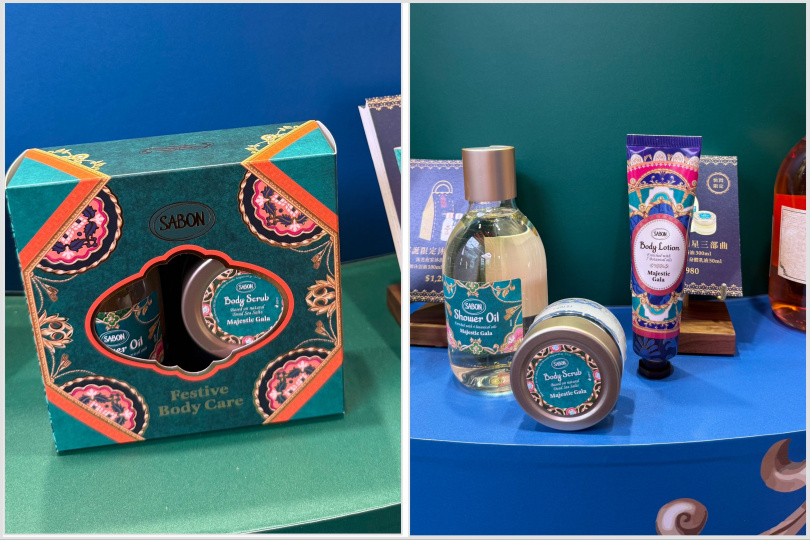 SABON 流光夜宴沐浴磨砂禮盒 980元、SABON 流光夜宴明星三部曲聖誕禮盒 1,980元。（圖／黃筱婷攝影）