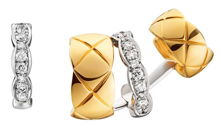 CHANEL「Coco Crush」白金及黃金鑽石不對稱耳環╱199,000元。（圖╱CHANEL提供）