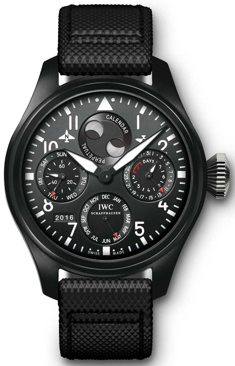 IWC「Big Pilot大型飛行員」系列，「Top Gun海軍空戰部隊」萬年曆腕錶。（圖╱IWC提供）