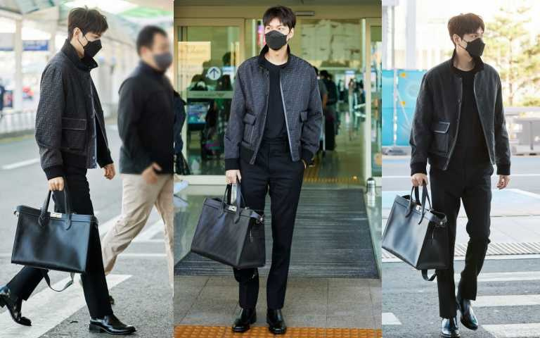 李敏鎬戴黑色口罩，搭配全身黑色FENDI穿出低調機場時尚風（圖／取自品牌提供）