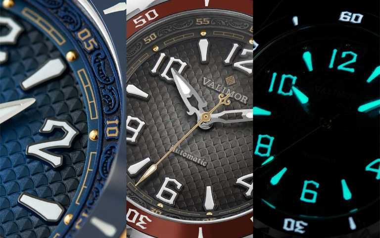 錶盤採三層錶盤立體結構和瑞士超級夜光Swiss Super-LumiNova®夜光，微巧的圖騰和龍鱗的立體雕磨，配襯原創的中世紀數字時標和經典的寶劍型錶針，極具匠心。（圖╱VALIMOR提供)
