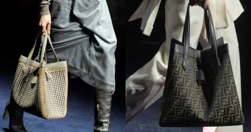 FENDI Origami包款可說是FENDI 2023秋冬女裝系列的主角，既能夠當成舒適背在肩上的購物托特包，也可以折起來變成拿在手上的水桶包。（圖／品牌提供）
