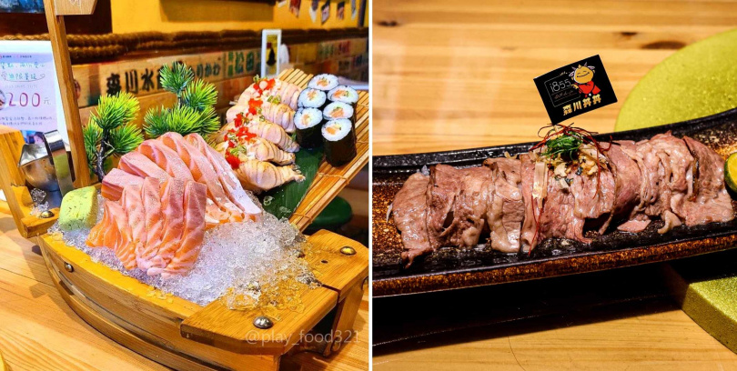 超過20口鮭魚生魚片搭配握壽司、細捲，搭配1855安格斯牛，海陸雙響只要1,111元。(圖／IG @play_food321；森川丼丼提供)
