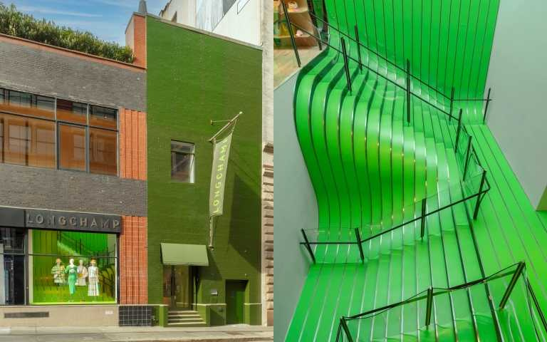 Longchamp SoHo旗艦店由設計師Thomas Heatherwick重新打造,綠色螺旋樓梯與藝術裝置成為視覺亮點。(圖/品牌提供)