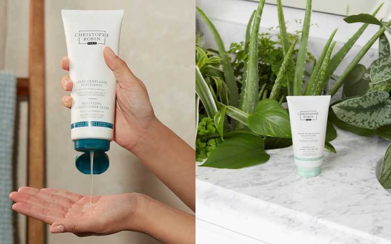 油性頭皮適用，凝露質地不厚重，舒緩敏感同時深層保濕，使髮絲柔順不扁塌。Christophe Robin 海鹽舒緩潤髮凝露 200ml / 1,100元；有機蘆薈與龍舌蘭汁深度補水、修護分叉、改善毛躁，防護高溫熱傷害，日夜都可用；Christophe Robin 蘆薈保濕免沖洗護髮乳 150ml / 1,200元（圖／品牌提供）