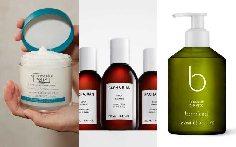 地中海天然海鹽顆粒去角質、促進循環，礦物質補養頭皮。適合中性～油性頭皮、易悶熱或有皮屑困擾者。Christophe Robin 海鹽頭皮潔淨霜 250ml / 1,650元蘊含水楊酸調理配方，深層清潔毛孔、舒緩頭皮敏感與搔癢，同時保濕調控皮脂。SACHAJUAN 頭皮護理洗髮露 250ml / 950元；植物基底清潔力高，菎麻籽油修復髮絲，尤加利、薰衣草、薄荷、天竺葵精油讓頭皮恢復活力、清香持久。Bamford 天竺葵洗髮露 250ml / 1,050元（圖／品牌提供）