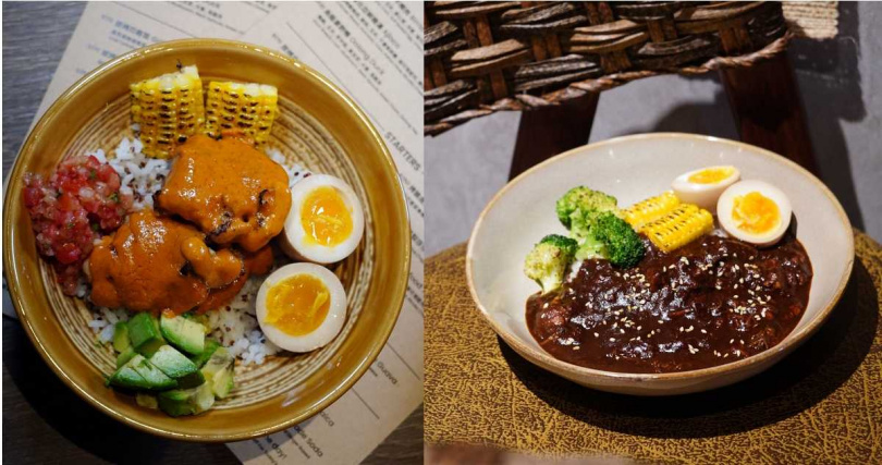 「墨西哥辣醬燉豬紅藜飯」（右）搭配手撕辣醬燉豬、溏心蛋、花椰菜與玉米，清爽與濃香兼具，左為「炭烤雞腿紅藜飯」。（各360元，圖／魏妤靜攝）