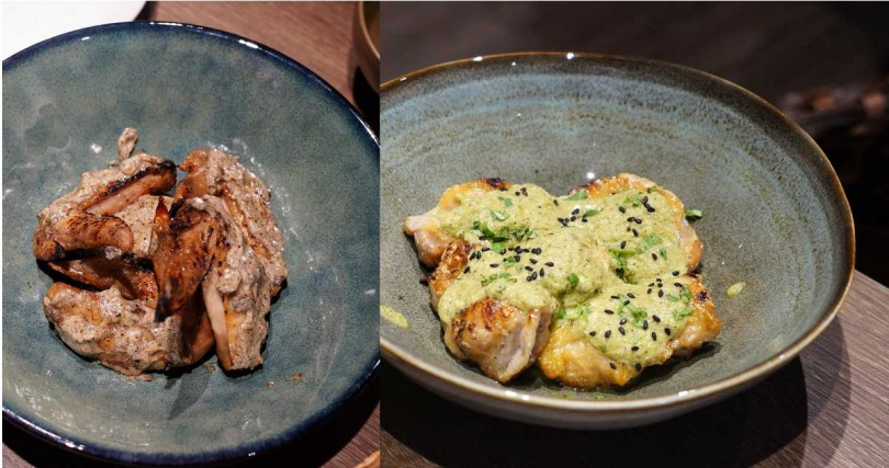 「香烤雞翅」（左）搭配炭烤大蔥製成的蔥香美乃滋增添香氣，「秘魯烤雞腿」融合南美料理經典的墨西哥辣椒、綠番茄與萬壽菊三元素，帶出辛香、微酸與草本清香。（各250元，圖／魏妤靜攝）