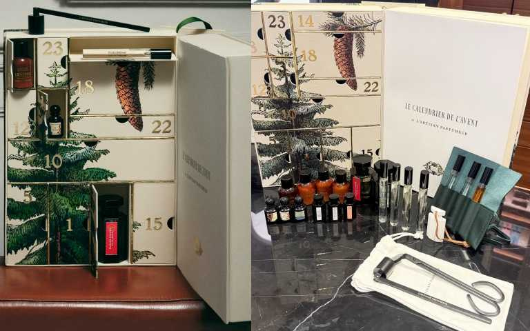 L’Artisan Parfumeur 阿蒂仙之香 聖誕倒數日曆/18,000元(內含香氛與保養24件)。內容包括:冥府之路淡香水50ml(正裝)|布列塔尼的空氣淡香精50ml(正裝)、防煙滅燭罩(正裝)| 燭芯修剪器(正裝)|隨行香氛皮革套(正裝)、焚香之幕10ml (2025新品)|絲旅舊夢10ml|橙樹林故事馥郁版10ml (2025新品)|無花果香10ml|追逐蝴蝶10ml|桃野仙蹤10ml|林間秘語10ml、神秘深淵5ml|熄燈禮拜5ml|浮生解鑰5ml|玫瑰追憶5ml|黑莓繆斯5ml|橙樹林故事5ml、琥珀身體乳30ml|焚香身體乳30ml|焚香沐浴露30ml|玫瑰身體乳30ml|玫瑰沐浴露30ml(圖/品牌提供、黃筱婷攝)